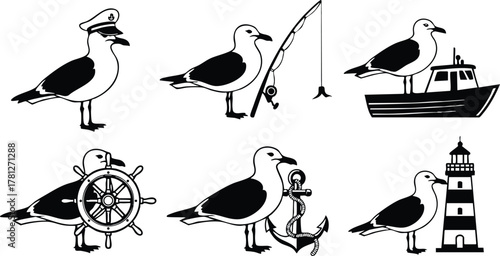Seagulls with nautical elements including fishing rod, boat, ship wheel, anchor, and lighthouse vector illustration in black and white 