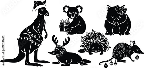 Christmas animals including kangaroo koala bear wombat echidna and anteater in festive holiday design vector illustration 