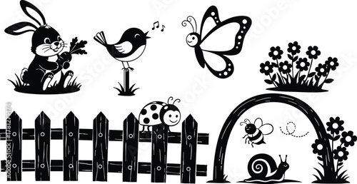 Cute garden animals with rabbit bird butterfly and insects near flowers and fence vector illustration 