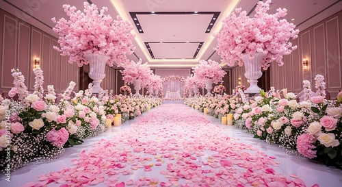 A wedding aisle with pink cherry blossoms and rose petals.