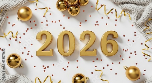 Golden 2026 with festive decorations around it.