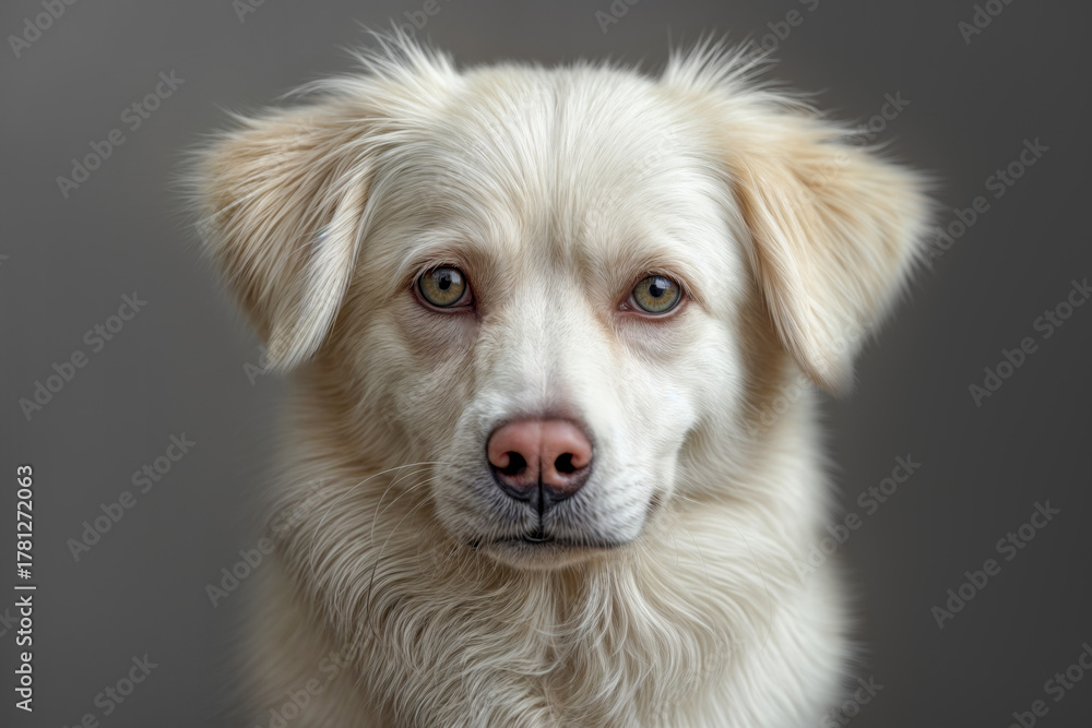 Fototapeta premium White fluffy dog with expressive eyes poses against a neutral background