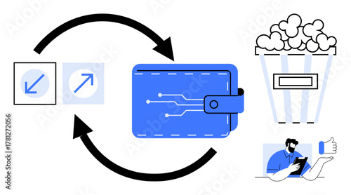 Digital wallet with circuit details, bidirectional arrows, file size options, popcorn, and user giving a thumbs-up on a smartphone. Ideal for finance, technology, payments, entertainment