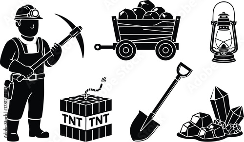 Miner with pickaxe shovel lantern wagon and TNT mining tools vector illustration set 