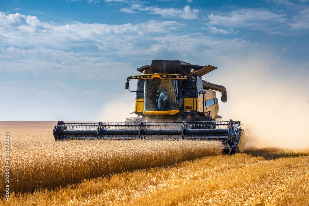 Obraz premium Modern Combine Harvester in Action in Golden Wheat Field
