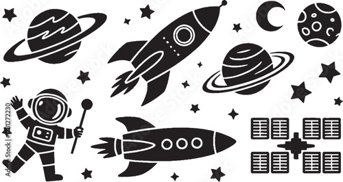Black and white cartoon space elements including astronaut rockets planets stars and satellite vector