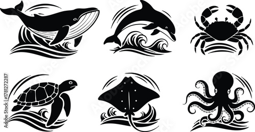 Marine animals whale dolphin crab turtle stingray octopus black silhouette vector illustration 