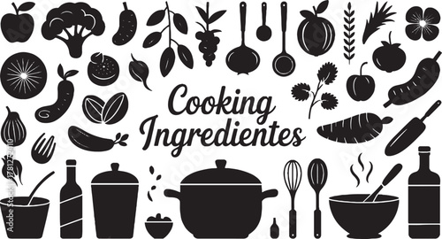 Black silhouette cooking ingredients and kitchen utensils on white background Vector illustration Editable stroke