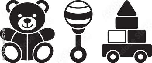 Black silhouette icons of a teddy bear a rattle and building blocks on a cart baby toy