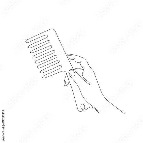 Hand holding wide tooth comb. Minimalist one line vector illustration for beauty, hair care, salon, fashion design projects.