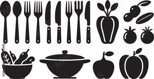 Black silhouette icons of cutlery vegetables and cooking pot on white background fork knife