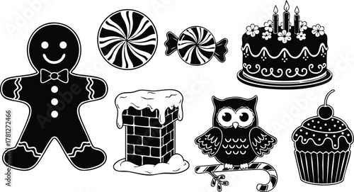 Gingerbread man cupcake owl birthday cake candy chimney festive celebration sweets vector illustration 