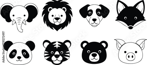 Cute animal faces vector set including elephant lion dog fox panda tiger bear pig for graphic design and kids projects 