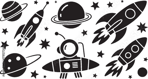 Black and white space scene with rockets planets and stars galaxy