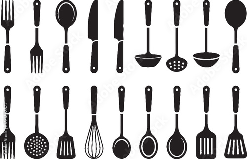Black silhouette collection of kitchen utensils including forks spoons knives ladles whisks and spatulas