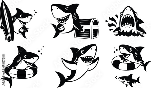 Cartoon sharks with surfboard treasure chest and swim ring in playful underwater scenes vector illustration 