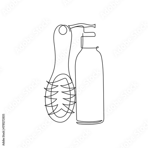 Hairbrush and shampoo pump bottle. Minimalist one line vector illustration for beauty, hair care, salon, fashion design projects.