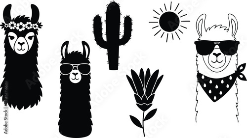 Llama silhouettes with cactus sun and desert plants vector illustration in black and white style 