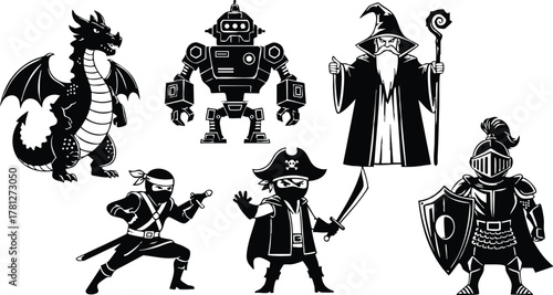 Fantasy characters including dragon, robot, wizard, ninja, pirate, and knight silhouette vector illustration 