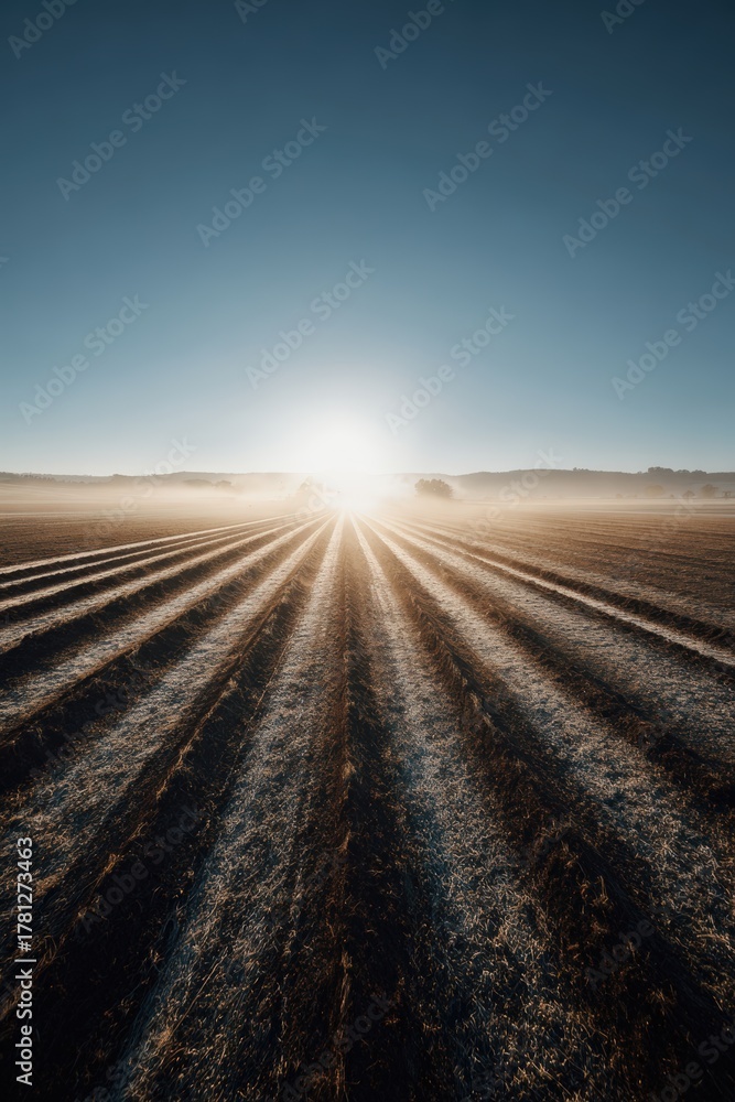 Fototapeta premium Sunset Over Harvested Field with Machinery Silhouettes and Dust Particles