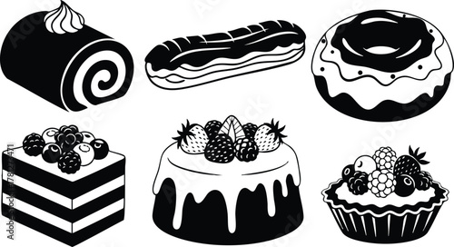 Assorted bakery desserts vector with cake roll eclair donut and fruit tart illustration 