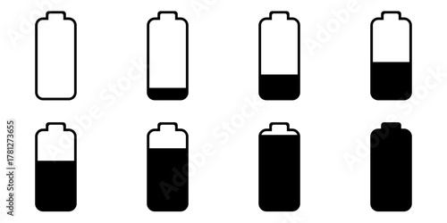 Sprite Sheet of Battery Charging Full or High or Empty Low Battery Power Load Black and White Symbol Sign Icon Set. Vector Image.