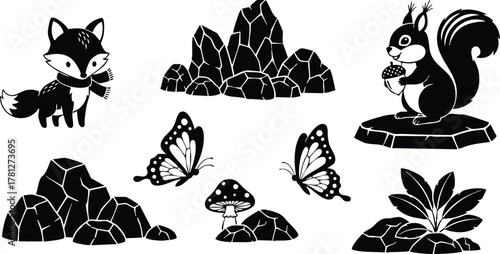 Forest animals and nature elements including fox squirrel butterfly mushroom and plants vector illustration in black and white 