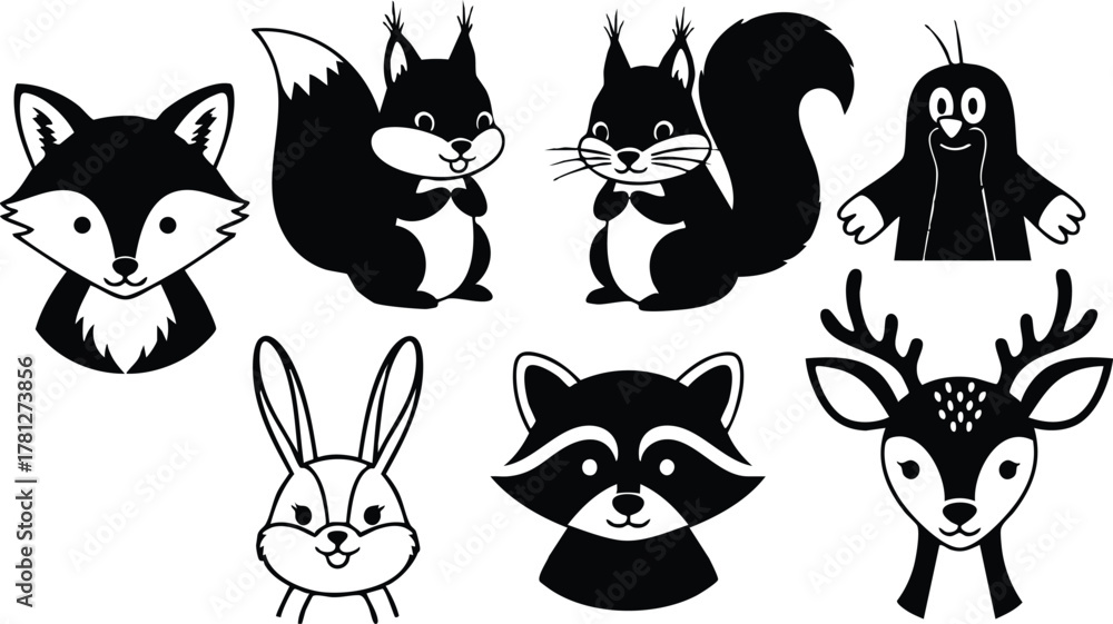 Obraz premium Woodland Animal Faces Vector Illustration Including Fox Squirrel Rabbit Raccoon Deer and Mole