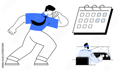 Office professional managing tasks while referencing a large calendar and operating a control panel. Ideal for time management, productivity, office planning, goal setting, leadership, multitasking