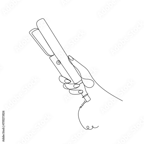 Hand holding hair straightener. Minimalist one line vector illustration for beauty, hair care, spa, salon, fashion design projects.