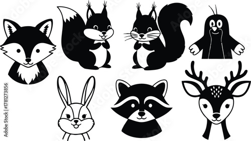 Woodland Animal Faces Vector Illustration Including Fox Squirrel Rabbit Raccoon Deer and Mole 