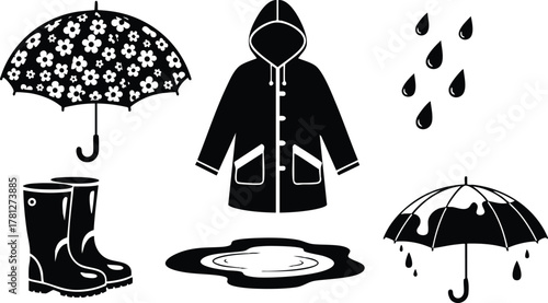 Rainy Weather Accessories Black Silhouettes Umbrella Raincoat Boots and Puddle Vector Illustration 