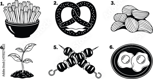 Black and white vector set of food and plant illustrations including fries pretzel peanuts plant skewers and eggs in pan 
