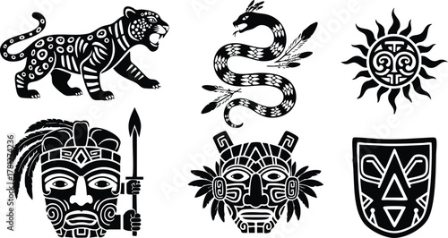 Aztec tribal symbols vector set featuring jaguar snake sun and warrior mask elements in black and white style 