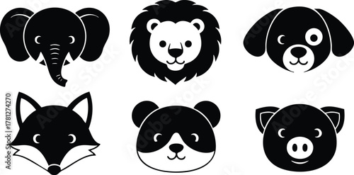 Wild animal faces vector set with elephant lion dog fox panda and pig icons in black silhouette style 