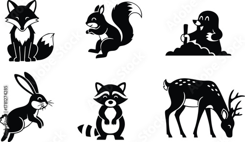 Wild animals silhouettes including fox, squirrel, mole, rabbit, raccoon, and deer vector illustration in black and white nature theme 