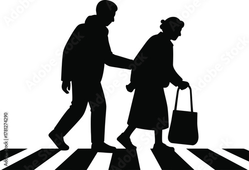 Man helps elderly woman cross street senior