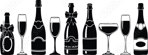 Champagne bottles and glasses silhouette vector illustration with bows for celebration and party themes 