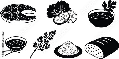 Fish steak with herbs, sliced vegetables, soup, bread, and seasoning vector illustration set 