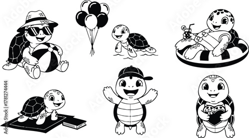 Cute cartoon turtles playing on beach with balloons and floaties in black and white vector illustration 