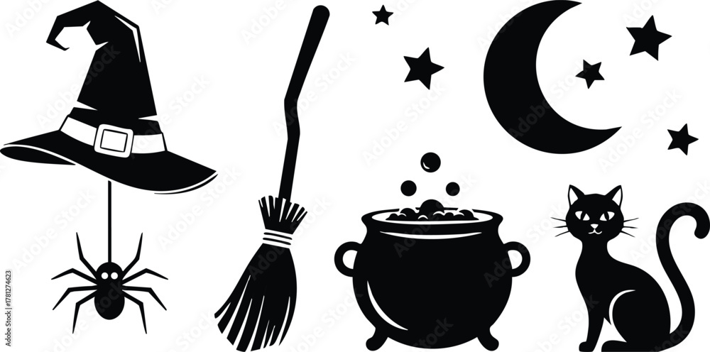 Naklejka premium Witch Hat Spider Broom Cauldron Crescent Moon Cat Halloween Vector Illustration Black Silhouette