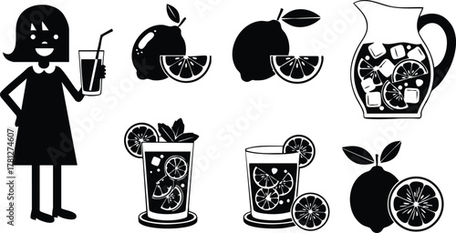 Girl holding glass of orange juice with various orange fruit slices and pitcher illustration in black and white vector 