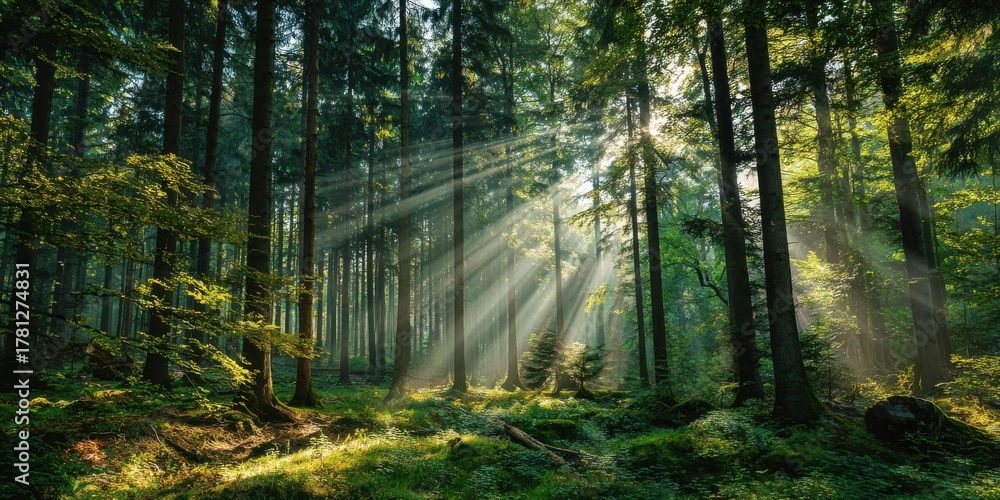 Obraz premium Sunbeams filter through the dense green forest canopy on a bright day