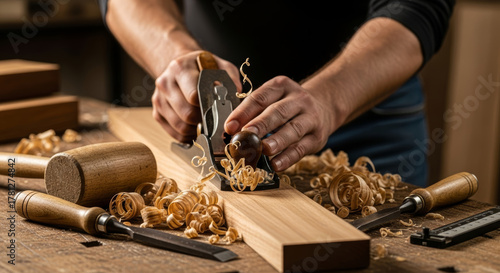 Woodworker using hand plane on wood plank with mallet and chisel on wooden workbench surface