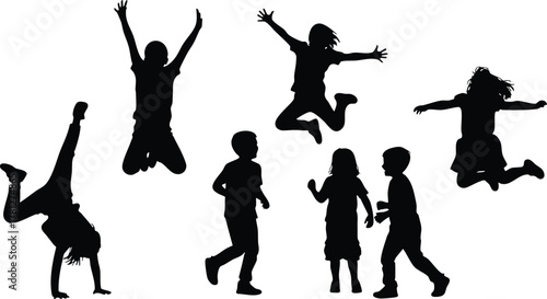 Children Playing Jumping and Doing Cartwheel Silhouettes Vector Illustration for Active Lifestyle and Fun Outdoors 