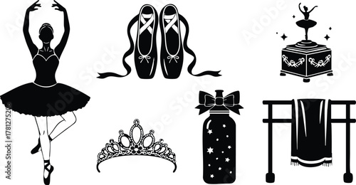 Ballet dancer pointe shoes tiara music box water bottle and ballet barre artistic dance elements vector illustration 