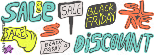black friday sale set in hand drawn style in vector. Elements for decor banner label icons stickers