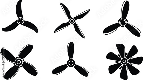Black Propeller Icons Set Vector Illustration for Aviation and Mechanical Design Elements