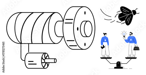 Abstract motor machinery, flying insect, and business figures on scales. Ideal for innovation, efficiency, competition, team balance, decision-making engineering creativity. Simple flat metaphor