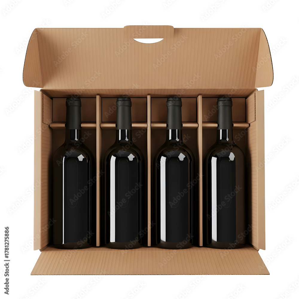 Naklejka premium Wine bottles in cardboard box alcoholic beverages delivery service gift set sommelier collection cellar storage on transparent background